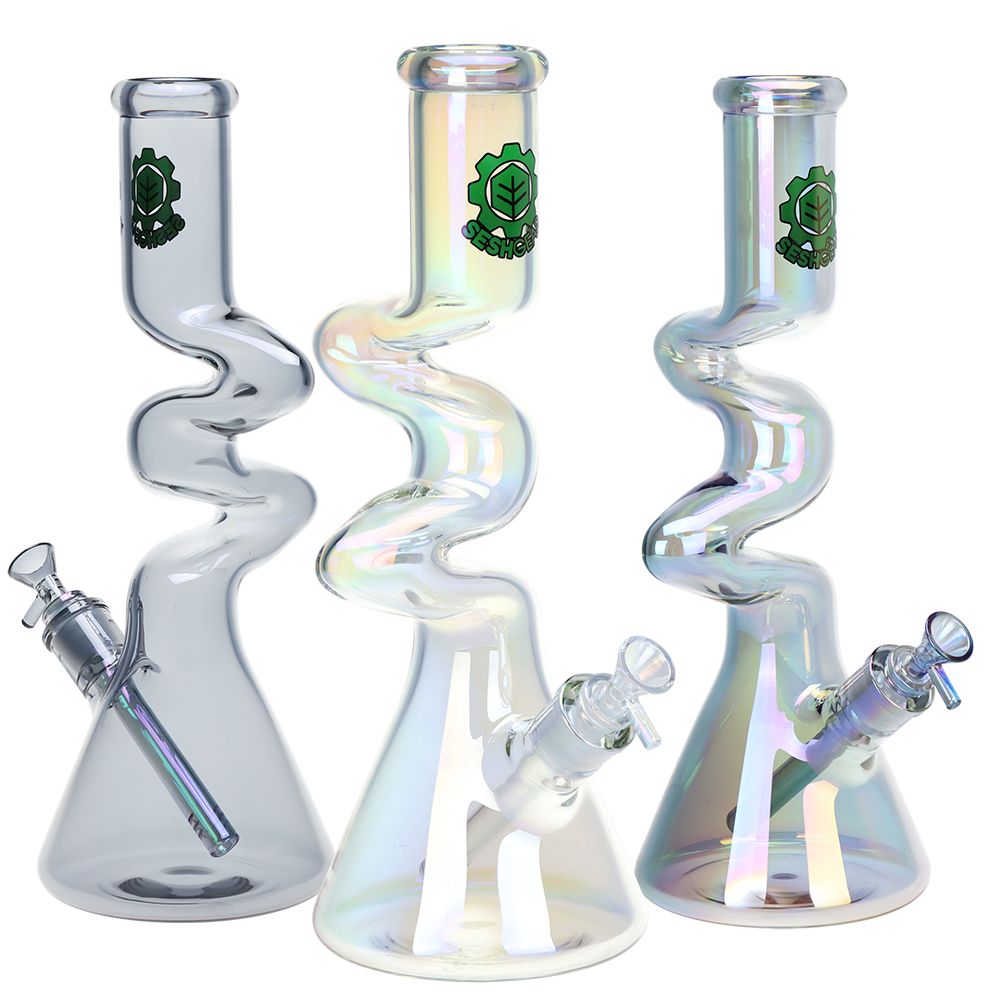 SeshGear Electro Zig Zag Beaker Glass Water Pipe - 14.75" / 14mm F / Colors Vary