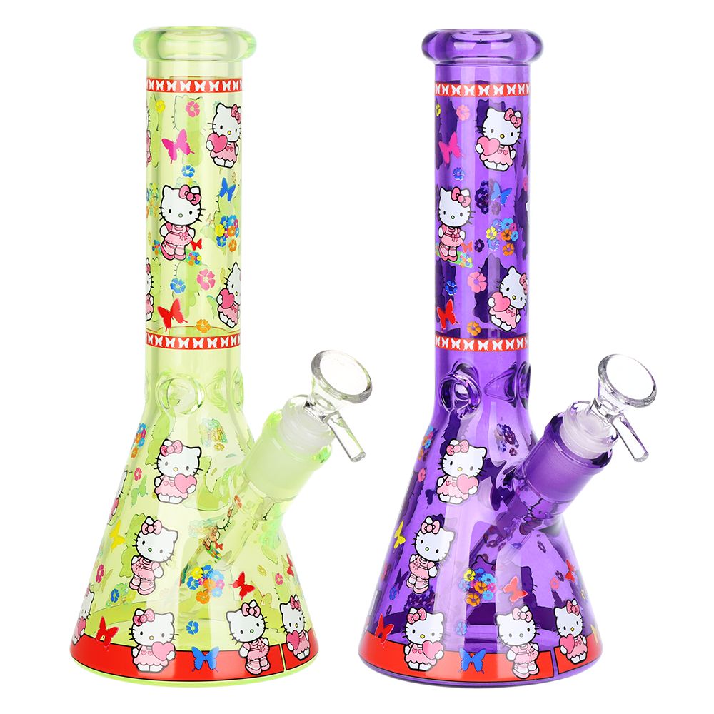 Hello Kitty Neon Beaker Glass Water Pipe - 10" / 14mm F / Colors Vary