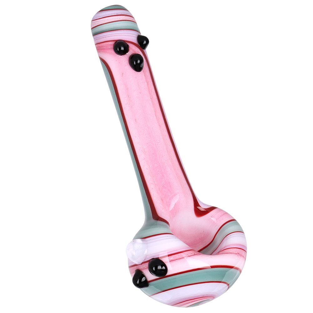 4CT BUNDLE - Cream Stripes w Marbles Glass Spoon Pipe - 4.75" / Assorted Colors